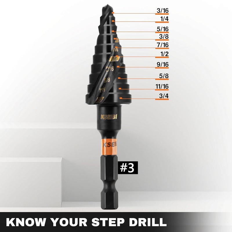 KSEIBI 9 Steps 3/16-3/4 inch SAE Standard Industrial Grade Step Drill Bit Ready Impact 1/4 inch Shank, 575077 High-Speed Steel Metal Drill Bits Black Oxide M2 Material - Image 2